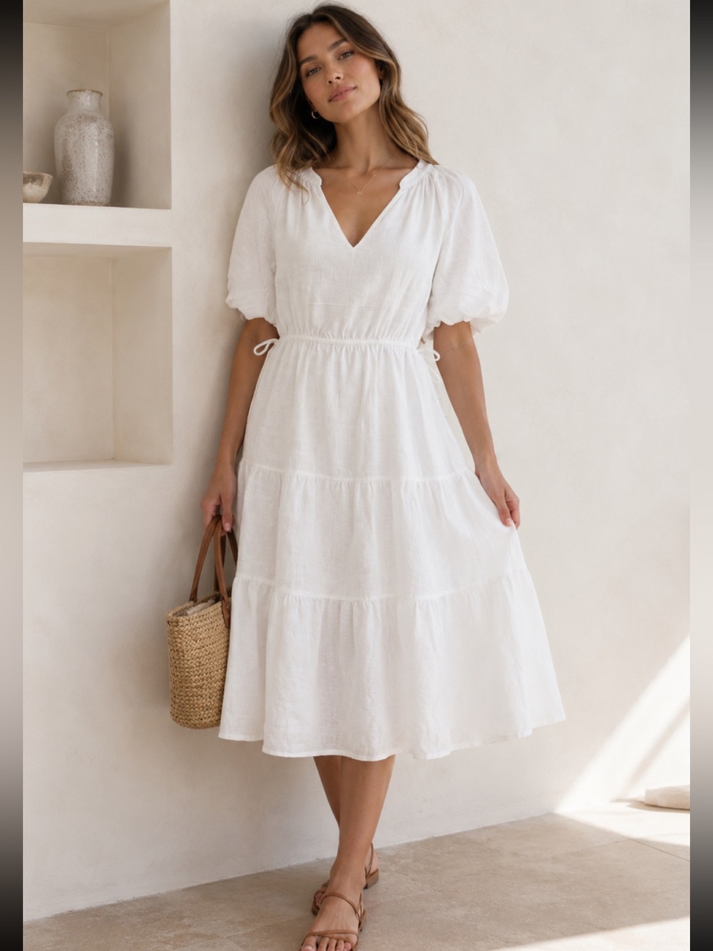 Aritzia Wilfred White Linen Cottagecore Midi Dress Puff Sleeve Romantic Size M